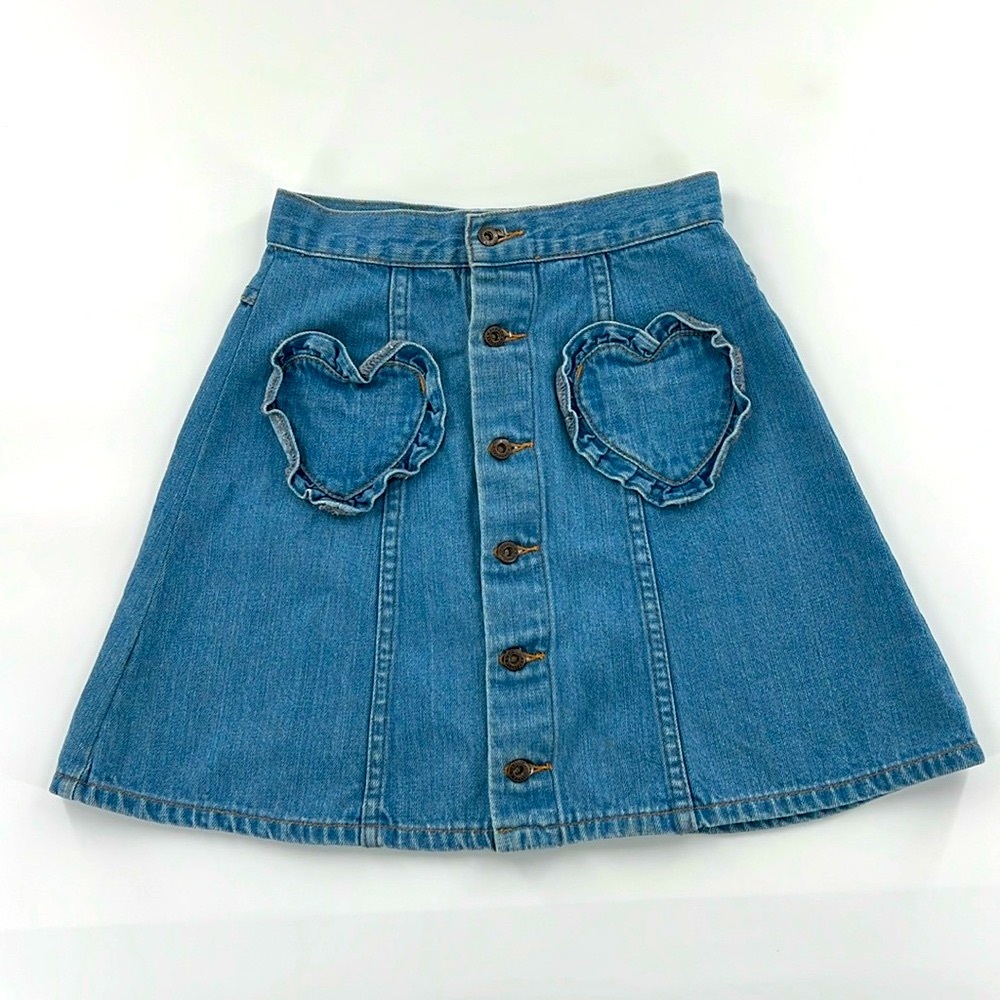 Candy Stripper y2k 90s‎ Blue Denim skirt Heart Patches girlhood mini size 2